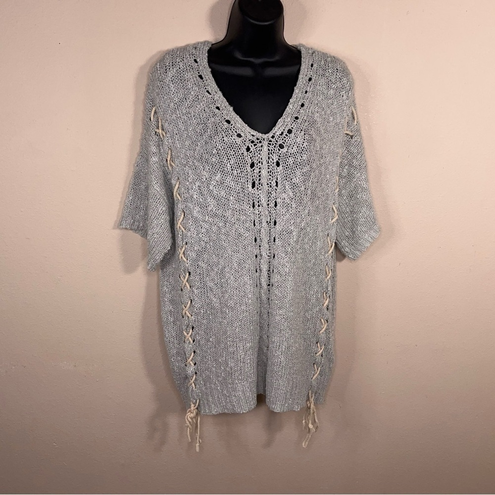 Small Easel Pastel Light Blue Knit Top Short Sleeve Strappy Accent Boho Bohemian - Picture 13 of 13